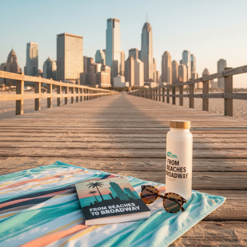 A sun-kissed wooden boardwalk stretches from the lower foreground toward a distant, hazy skyline of a modern city, where glassy high-rises glimmer under a pastel evening sky. In the foreground, a colorful beach towel is laid out, half on sand, half on the boardwalk, with a closed travel guide labeled “From Beaches to Broadway” resting on it beside a reusable water bottle and a pair of retro sunglasses. Soft, warm sunset light creates a golden gradient across the scene, highlighting the grains of sand and the weathered texture of the planks. Photographed from a low, forward-facing angle to emphasize the playful contrast between beach and city, the scene feels lighthearted and adventurous, with vibrant, photographic realism and a balanced composition that draws the eye along the path toward new destinations.